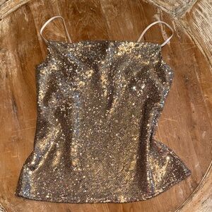 ANTONIO MELANI Gold Sequin Camisole Cowl Neck Draped Satin Style Top Size 8